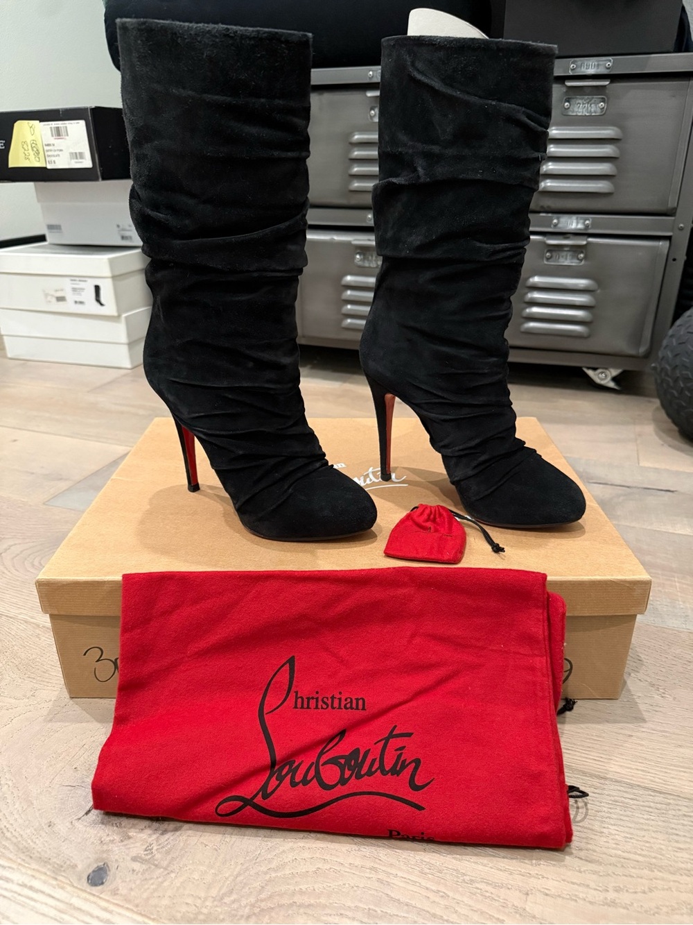 Christian Louboutin Black Suede Slouch Knee Boots with Red Soles